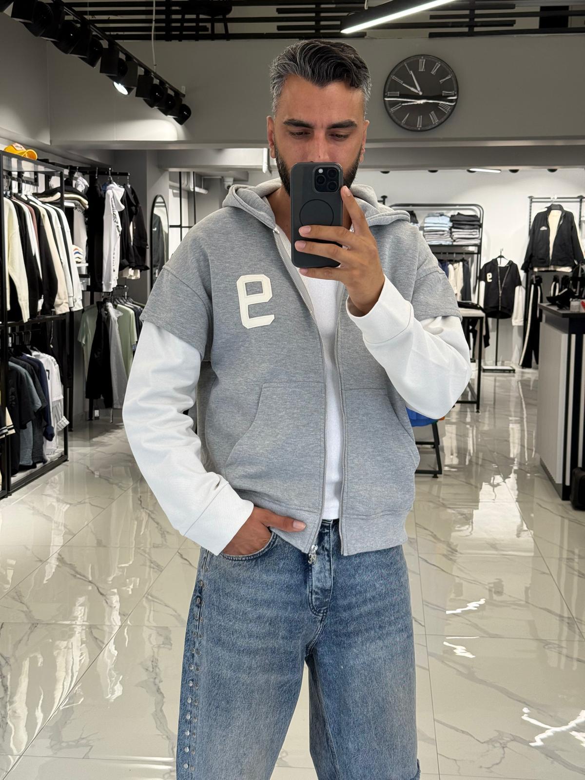 Fermuarlı Kapüşonlu Polar Hırka Gri