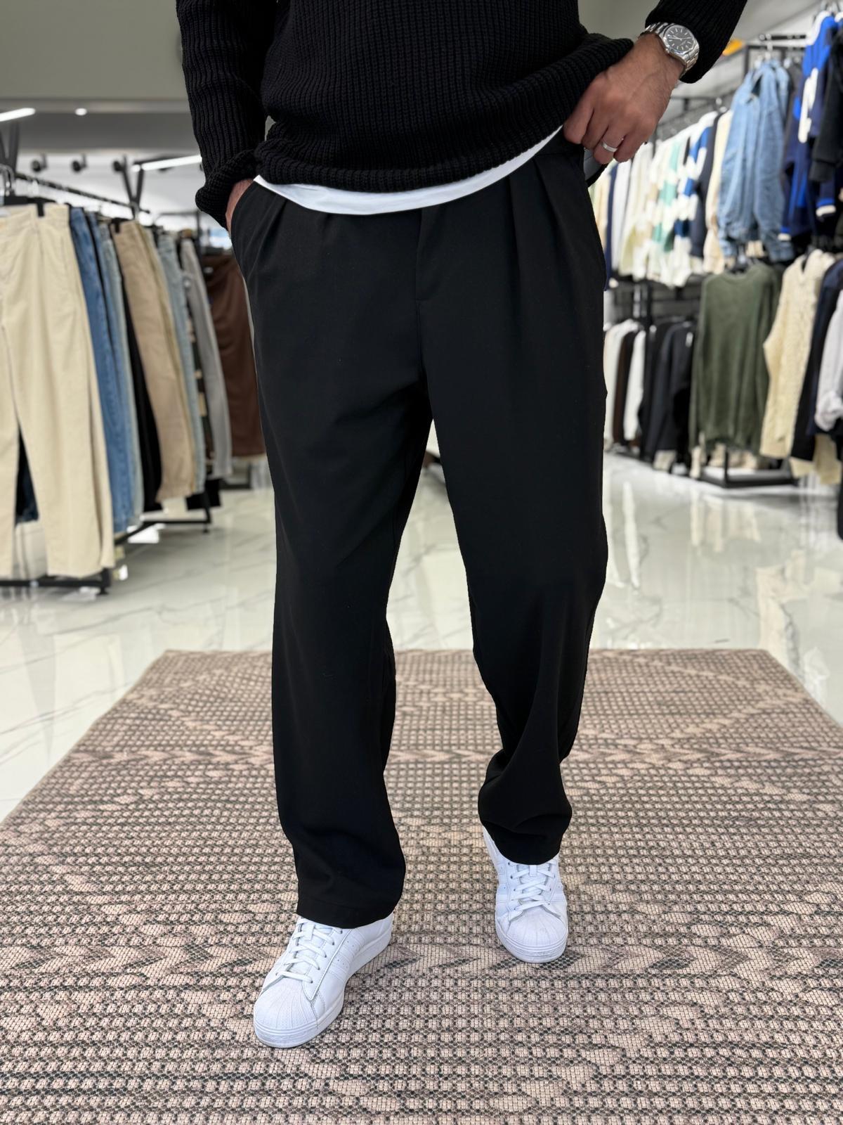 Fileli Baggy Kumaş Pantolon Siyah