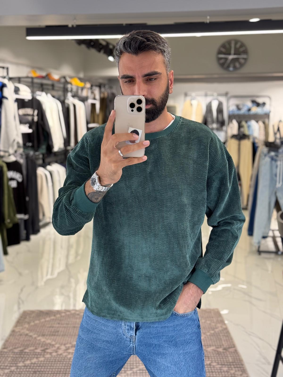 Fitilli Kadife Sweatshirt Yeşil