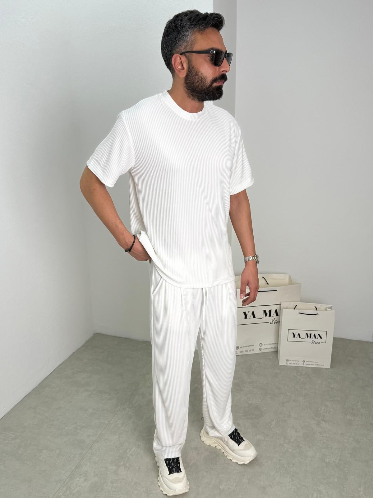 Fitilli Oversize Kalıp Baggy Takım Beyaz
