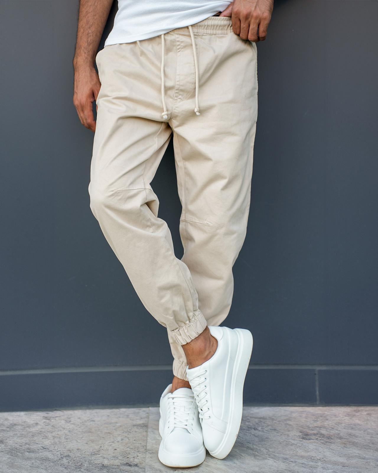 Gabardin Kumaş Paça Lastikli Jogger Pantolon Krem
