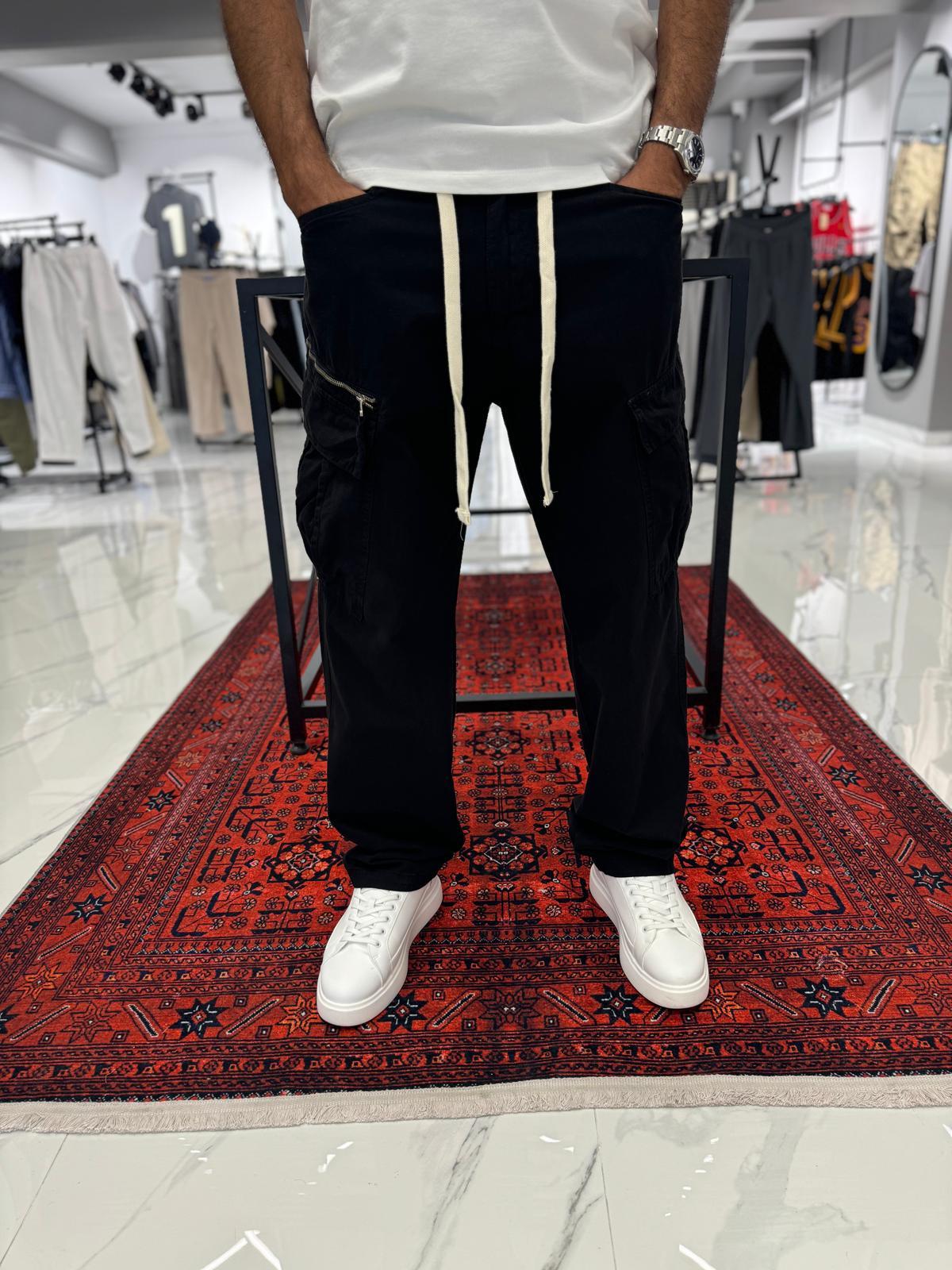 Kargo Cep Gabardin Yıkamalı Kumaş Pantolon Siyah