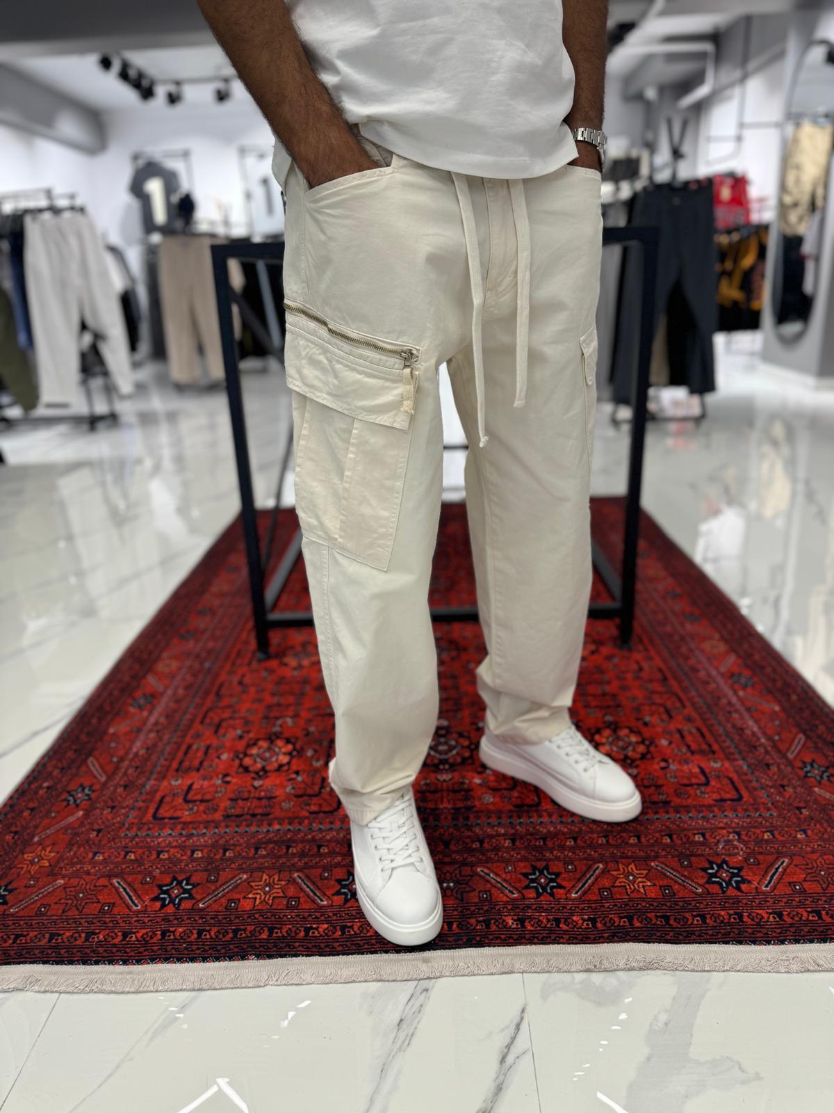 Kargo Cep Gabardin Yıkamalı Kumaş Pantolon Beyaz