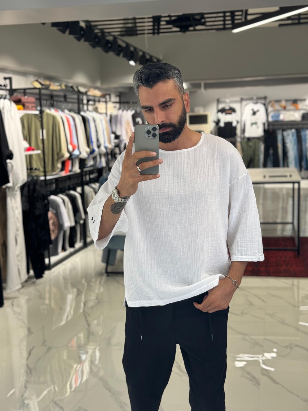 Keten Fakir Kol Tişört Beyaz