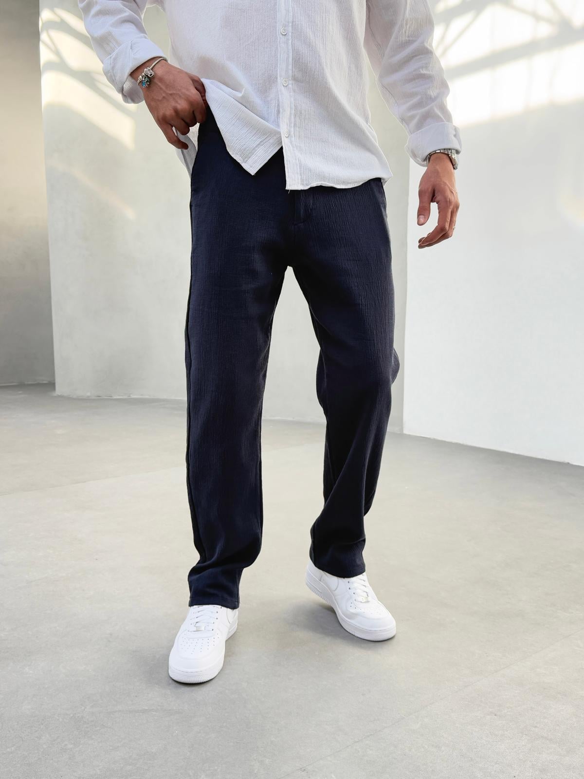 Kırinkıl Keten Kumaş Baggy Pantolon Lacivert