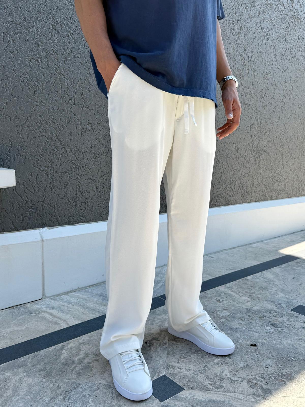 Modal Kumaş Baggy Kalıp Pantolon Beyaz