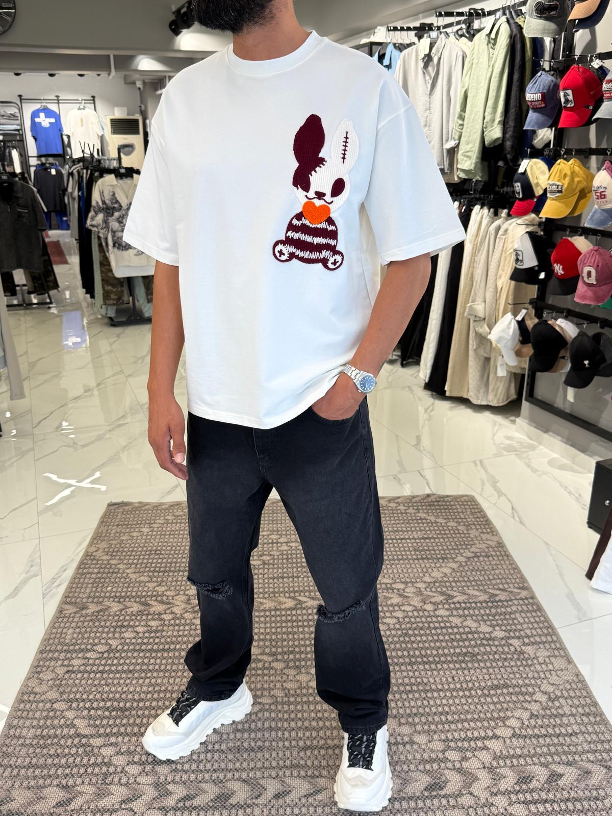 Nakış Desen Oversize Tişört Beyaz