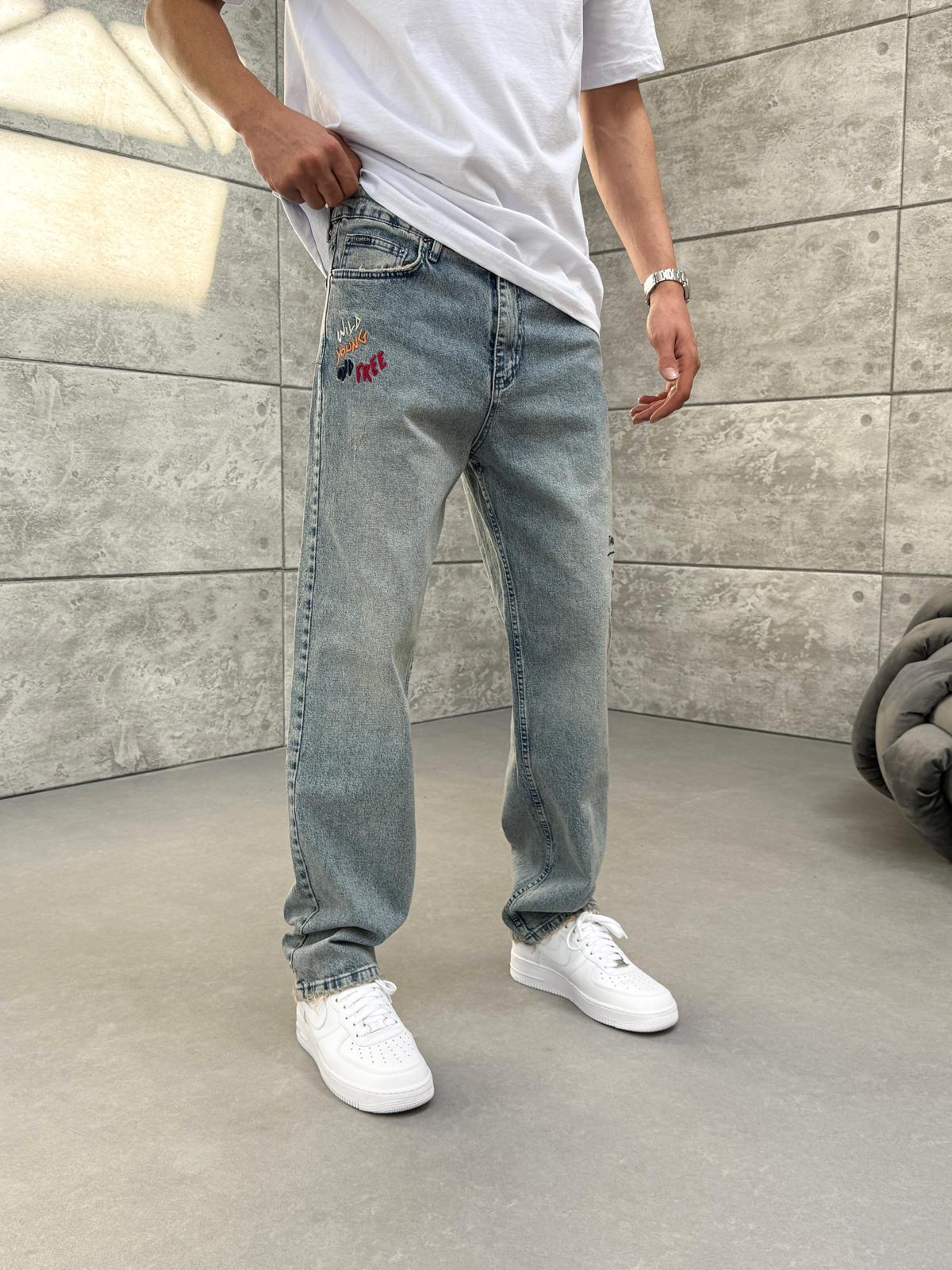 Nakış Detay Long Kesim Denim Pantolon