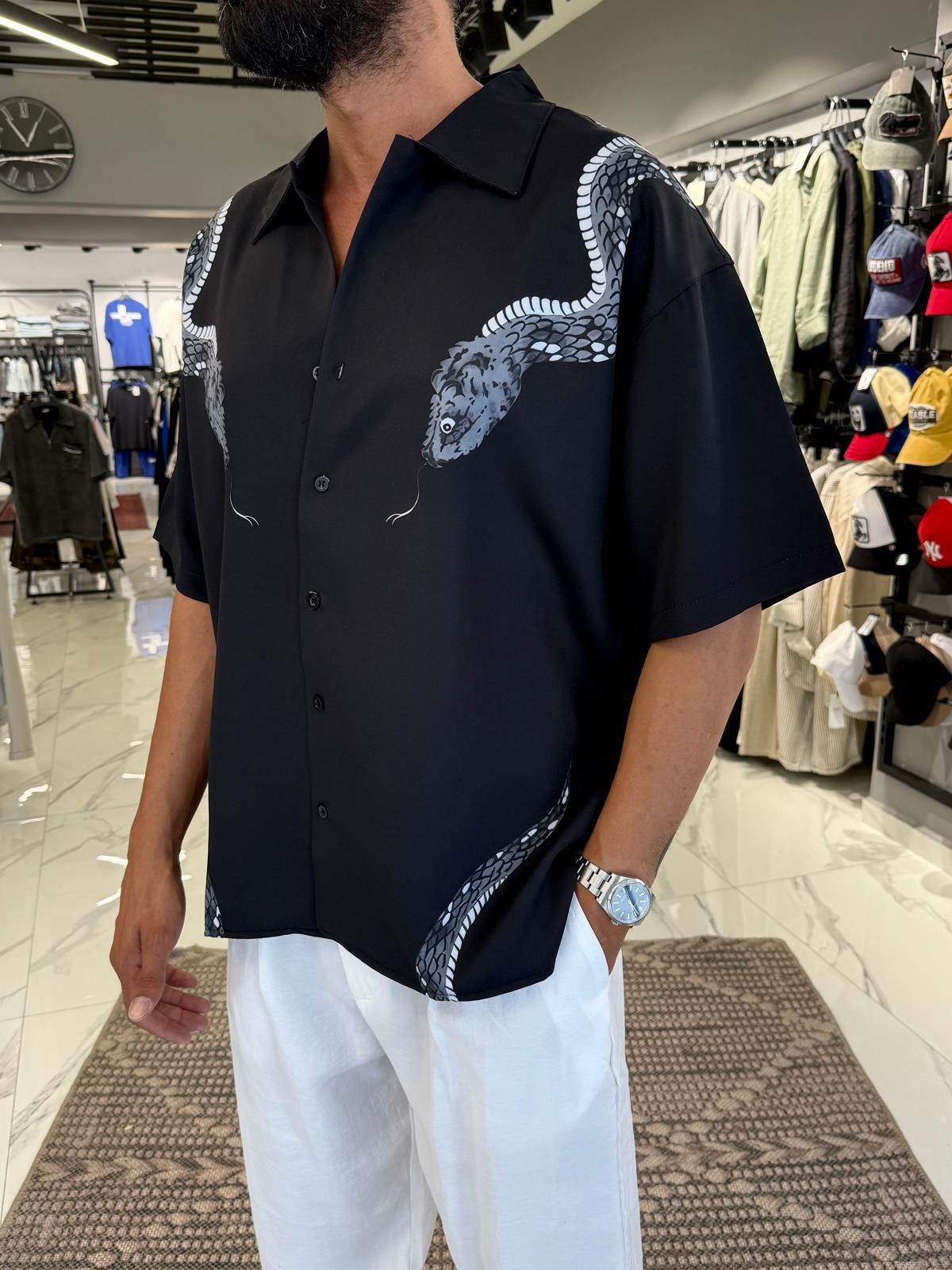 Oversize Baskılı Gömlek Siyah