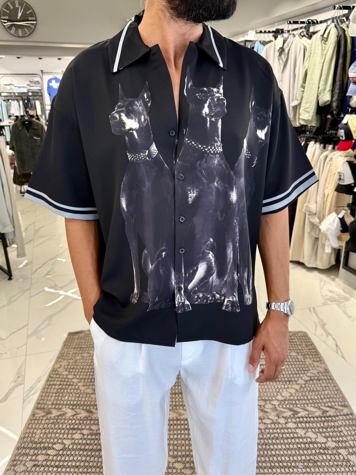 Oversize Doberman Baskılı Gömlek Siyah