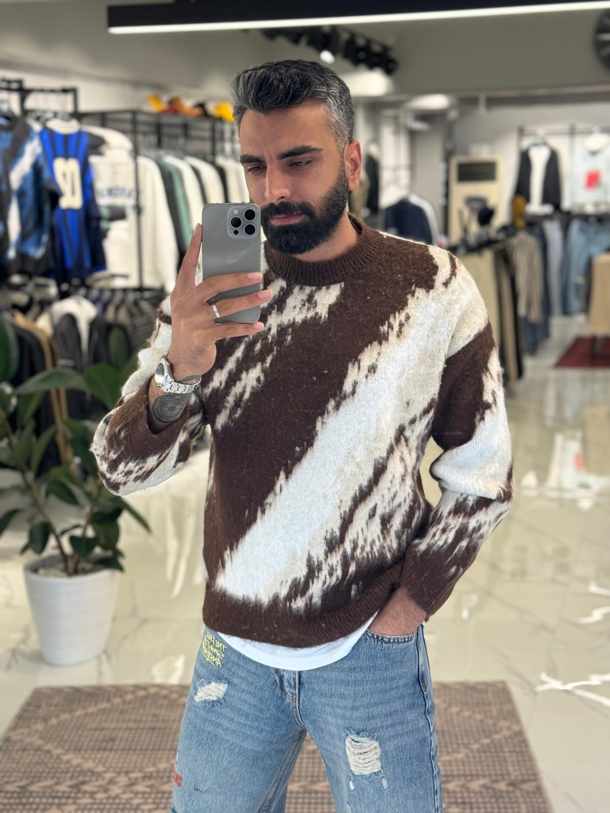 Oversize Renkli Triko Kazak Kahve