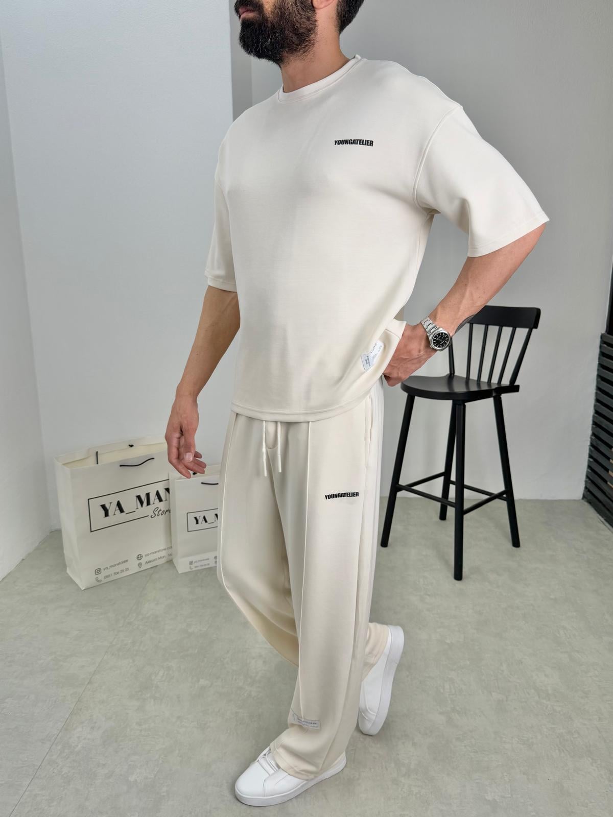 Oysh Kumaş Oversize Baskı Detaylı Takım Bej