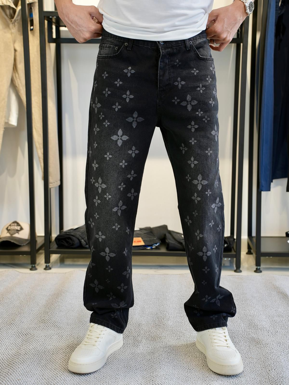 Özel Desenli Denim Pantolon Siyah