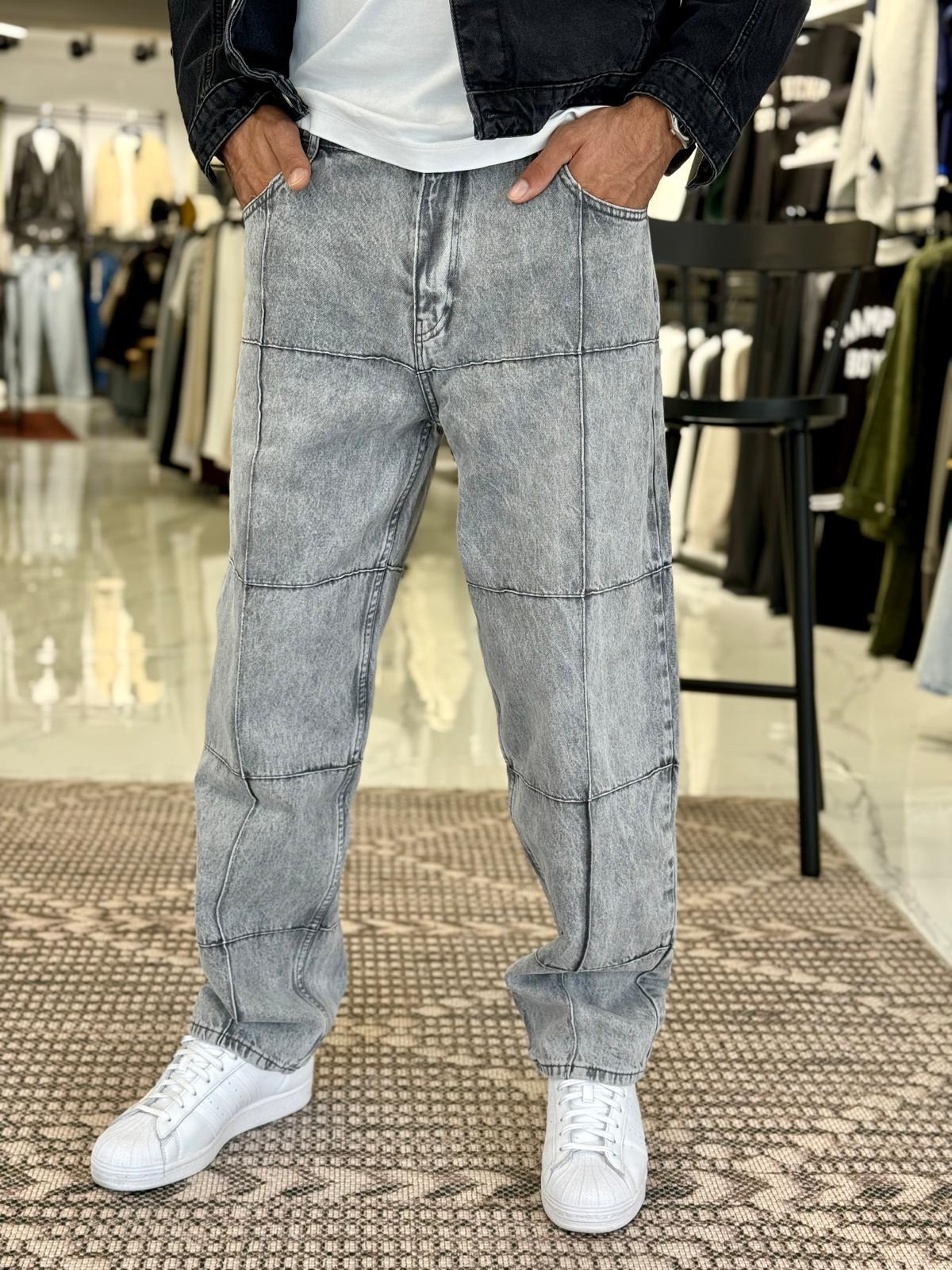 Özel Tasarım Dikiş Detaylı Baggy Kalıp Pantolon Gri