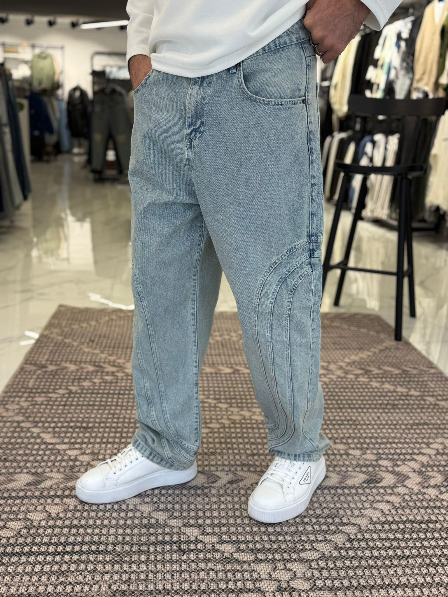 Özel Tasarım Şerit Detaylı Baggy kalıp Pantolon Mavi
