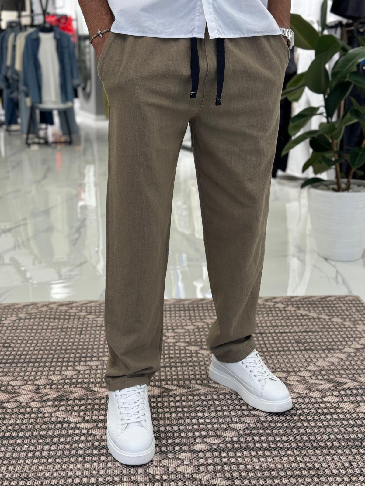 Paça Nakış Detay Keten Pantolon Vizon