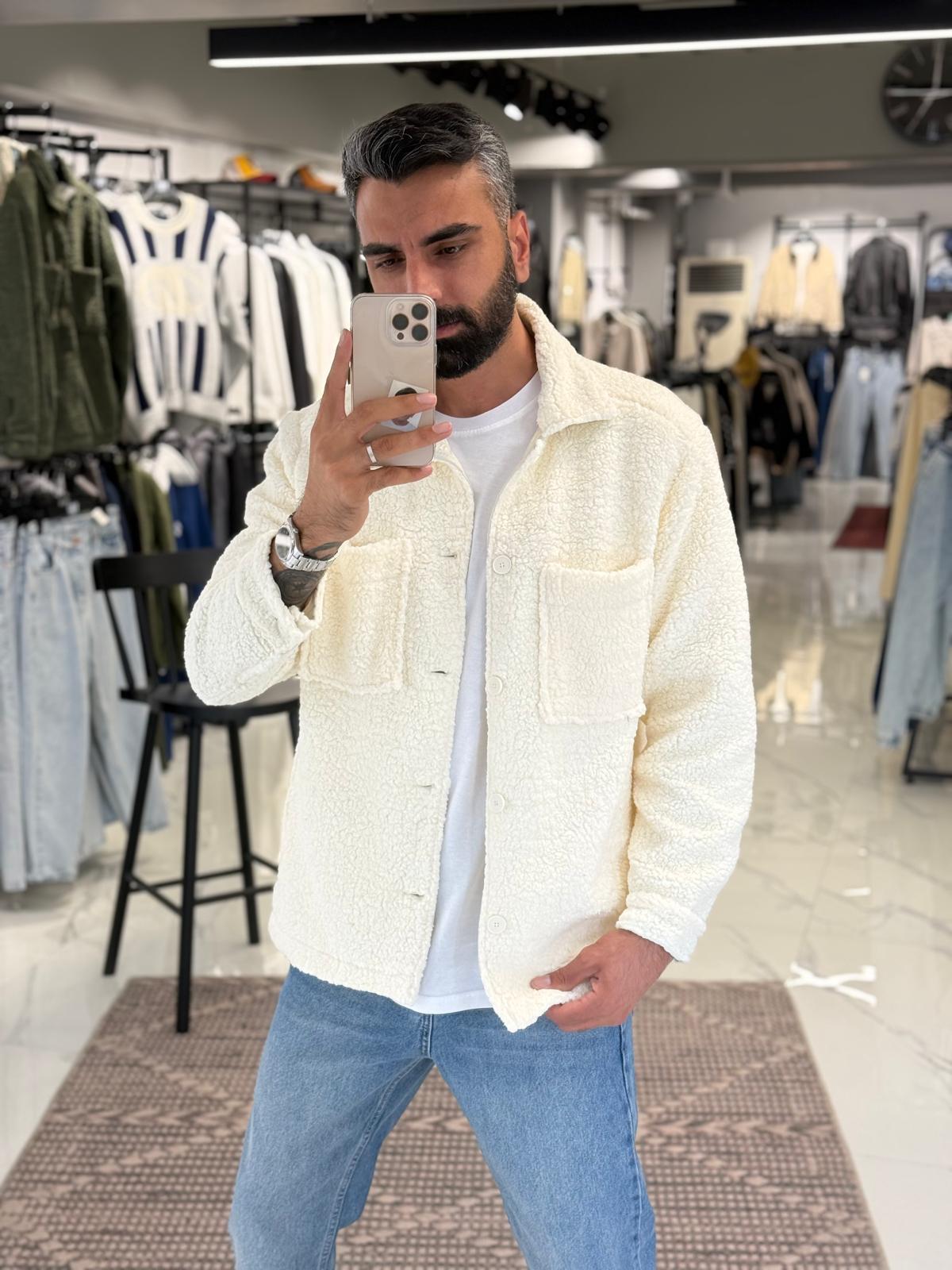 Peluş Gömlek Ceket Krem