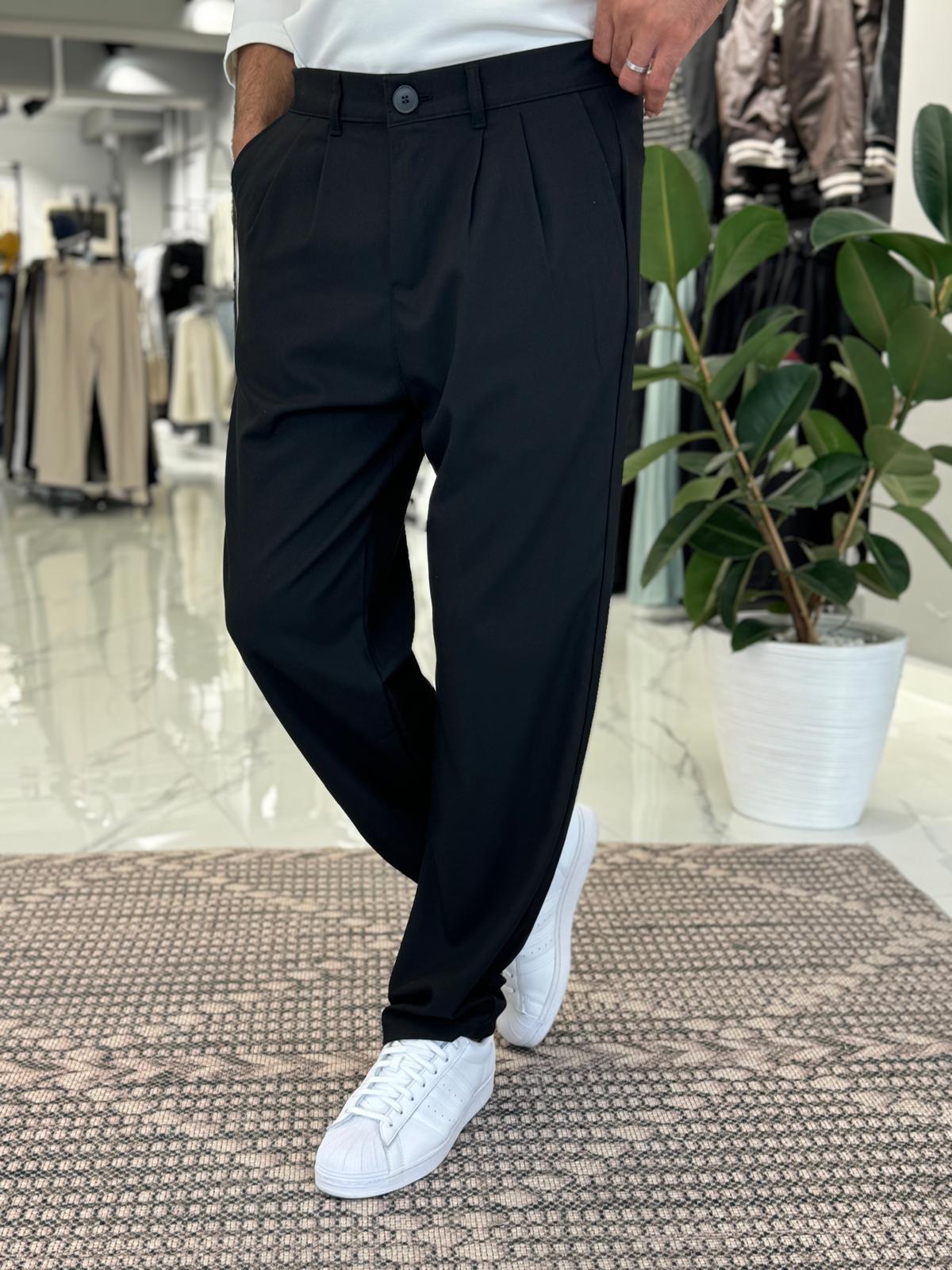 Pileli Baggy Kumaş Pantolon Siyah