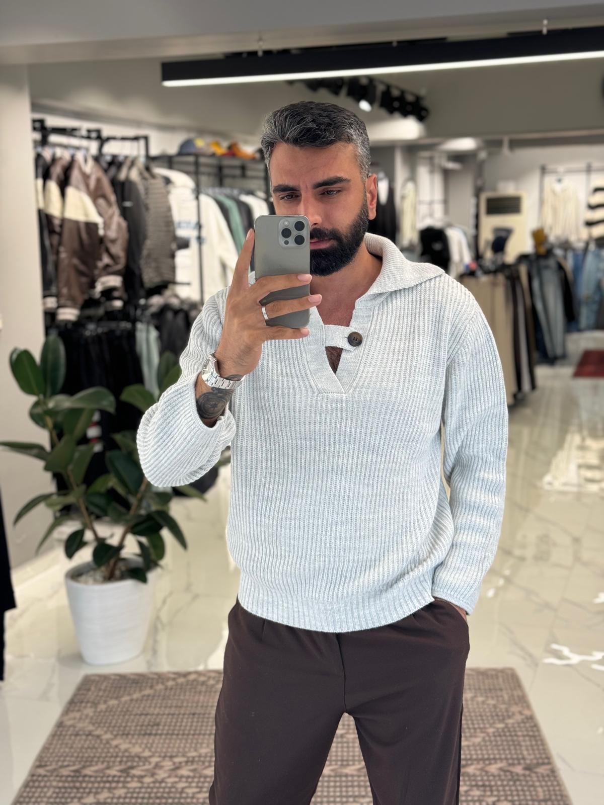 Polo Yaka Düğme Detay Triko Gri