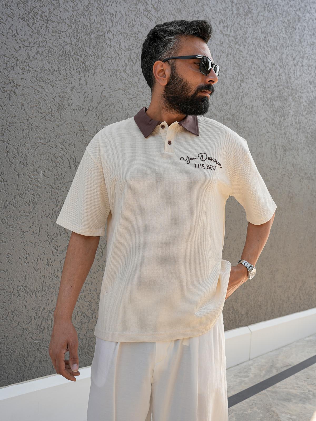 Polo Yaka Nakış Detaylı Triko T- Shirt Bej