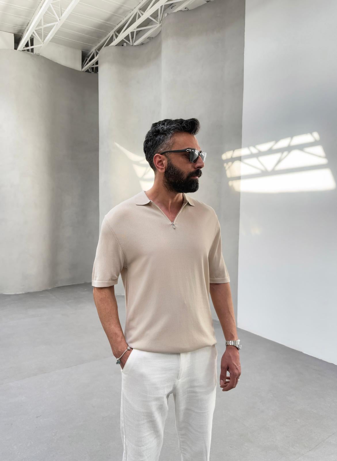 Polo Yaka Yarım Fermuar Tişört Bej