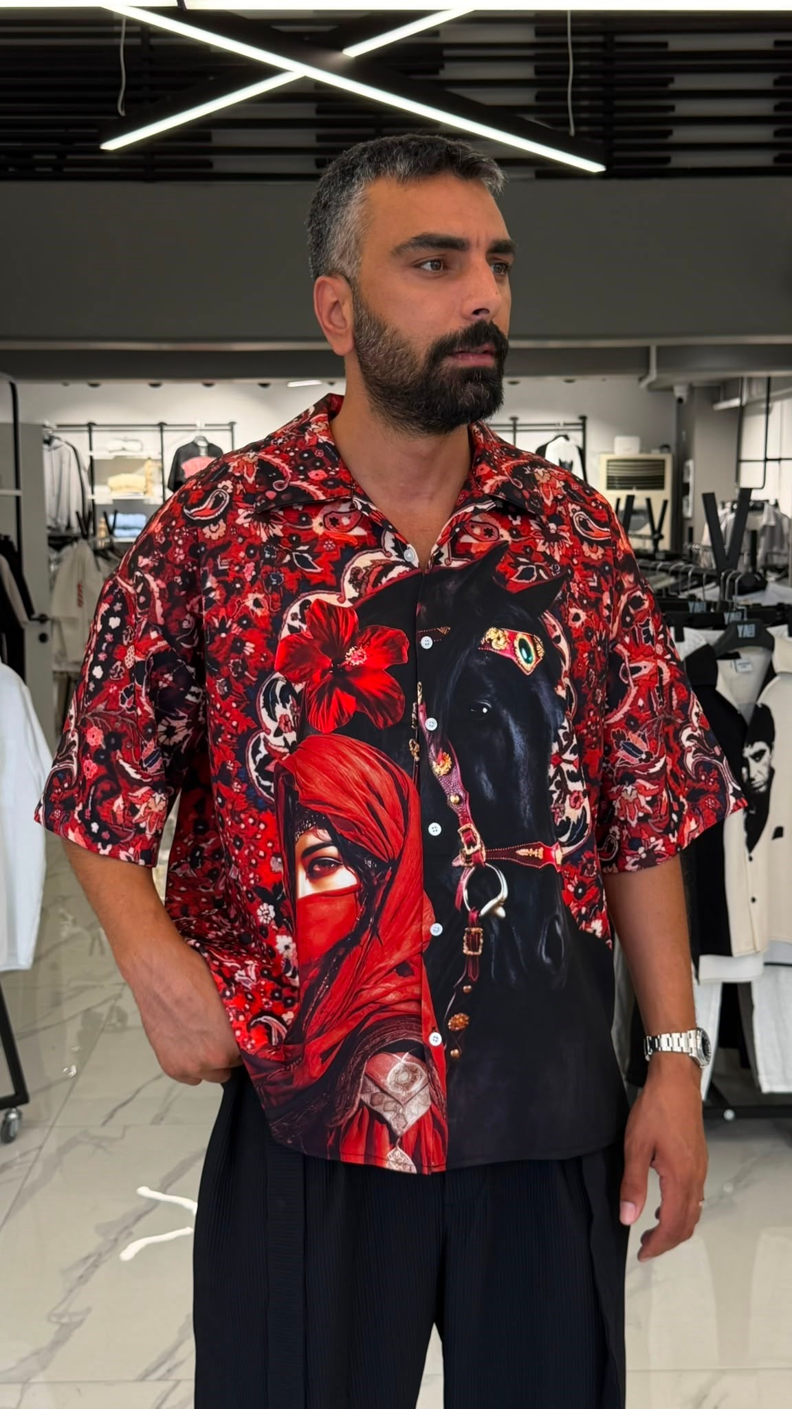Red Paisley & Black Horse Oversize Gömlek Siyah