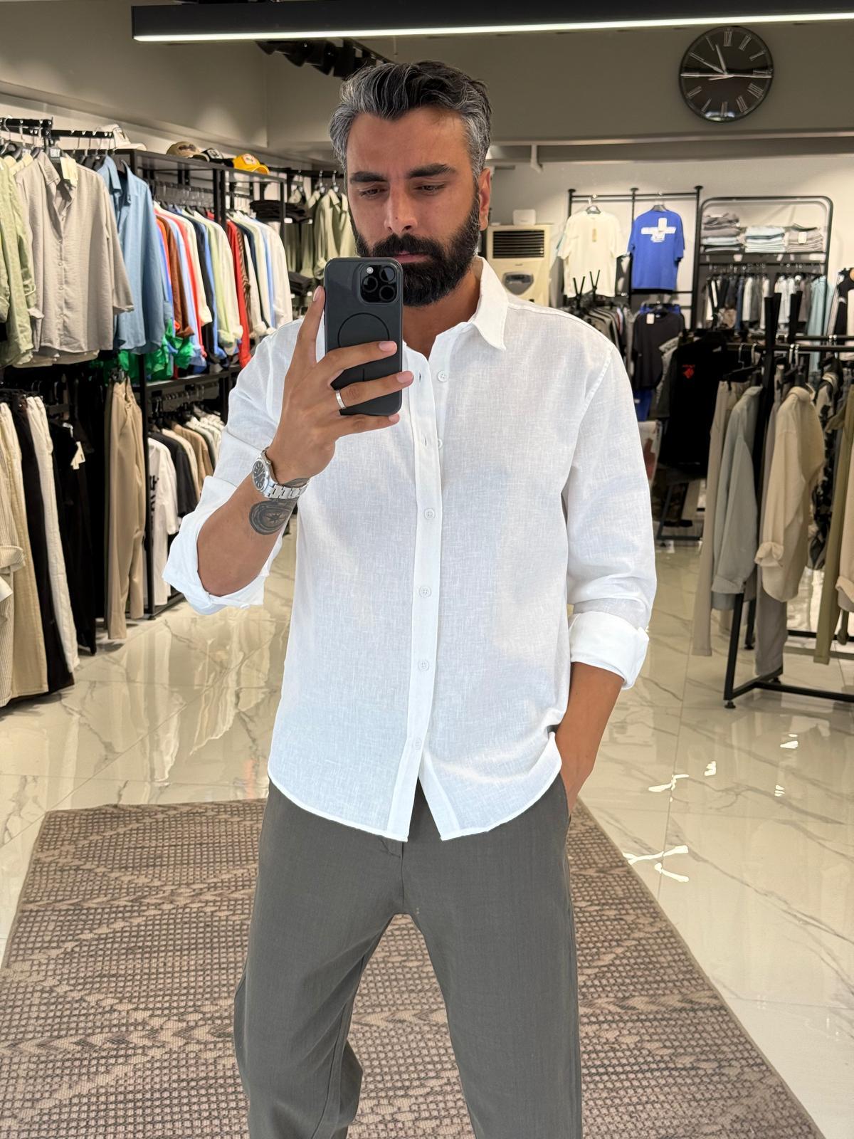 Regular Kalıp Keten Gömlek Beyaz