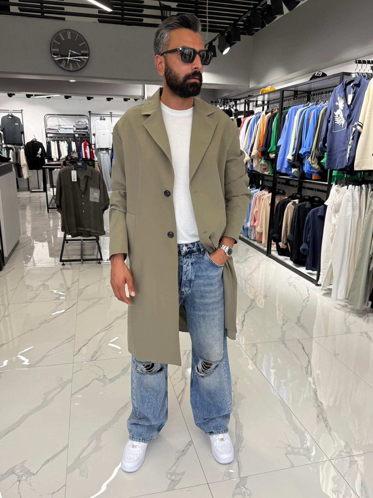 Tek Düğmeli Oversize Kalıp Trençkot Haki