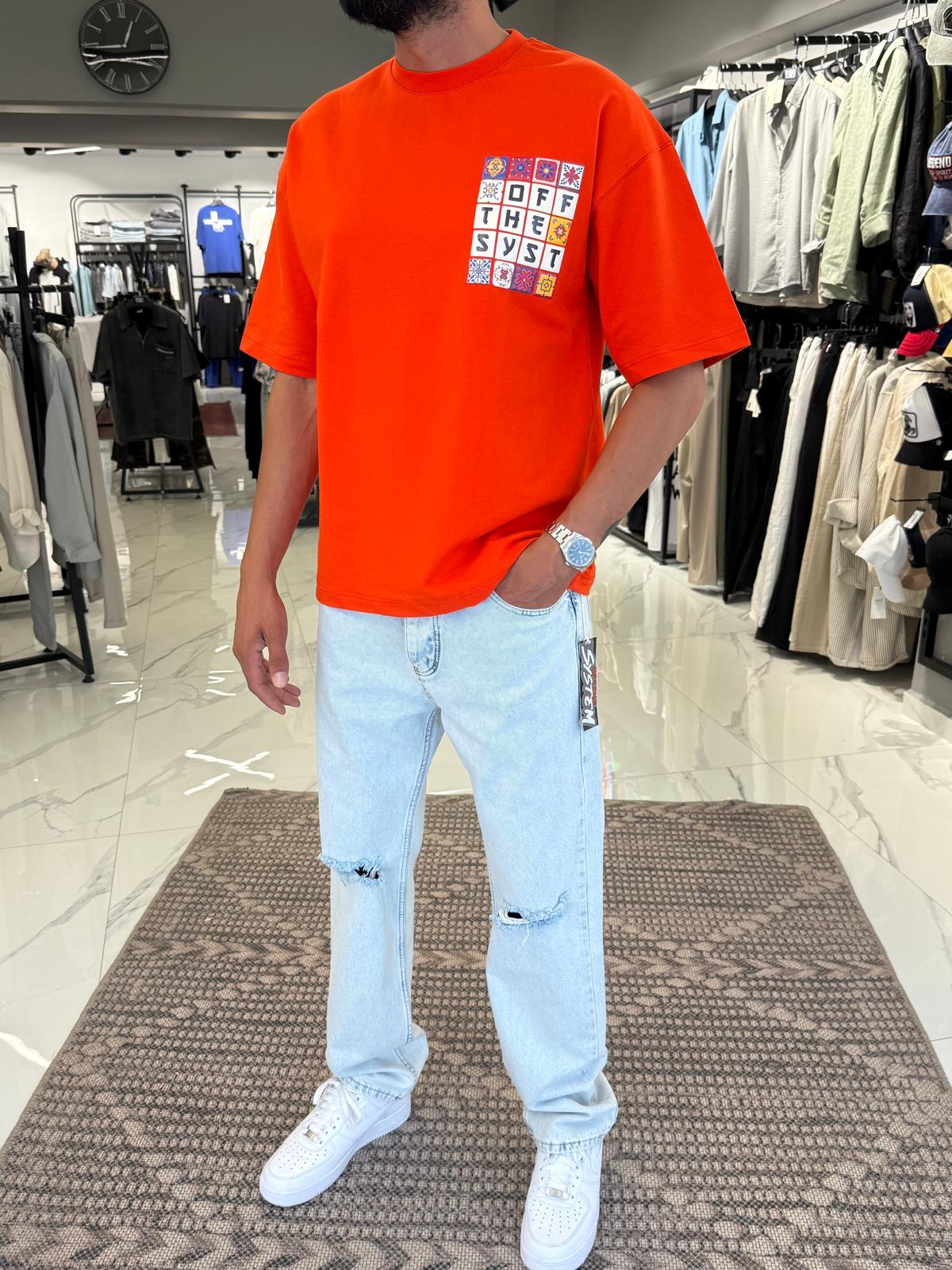 Yan Baskılı Oversize Tişört Turuncu