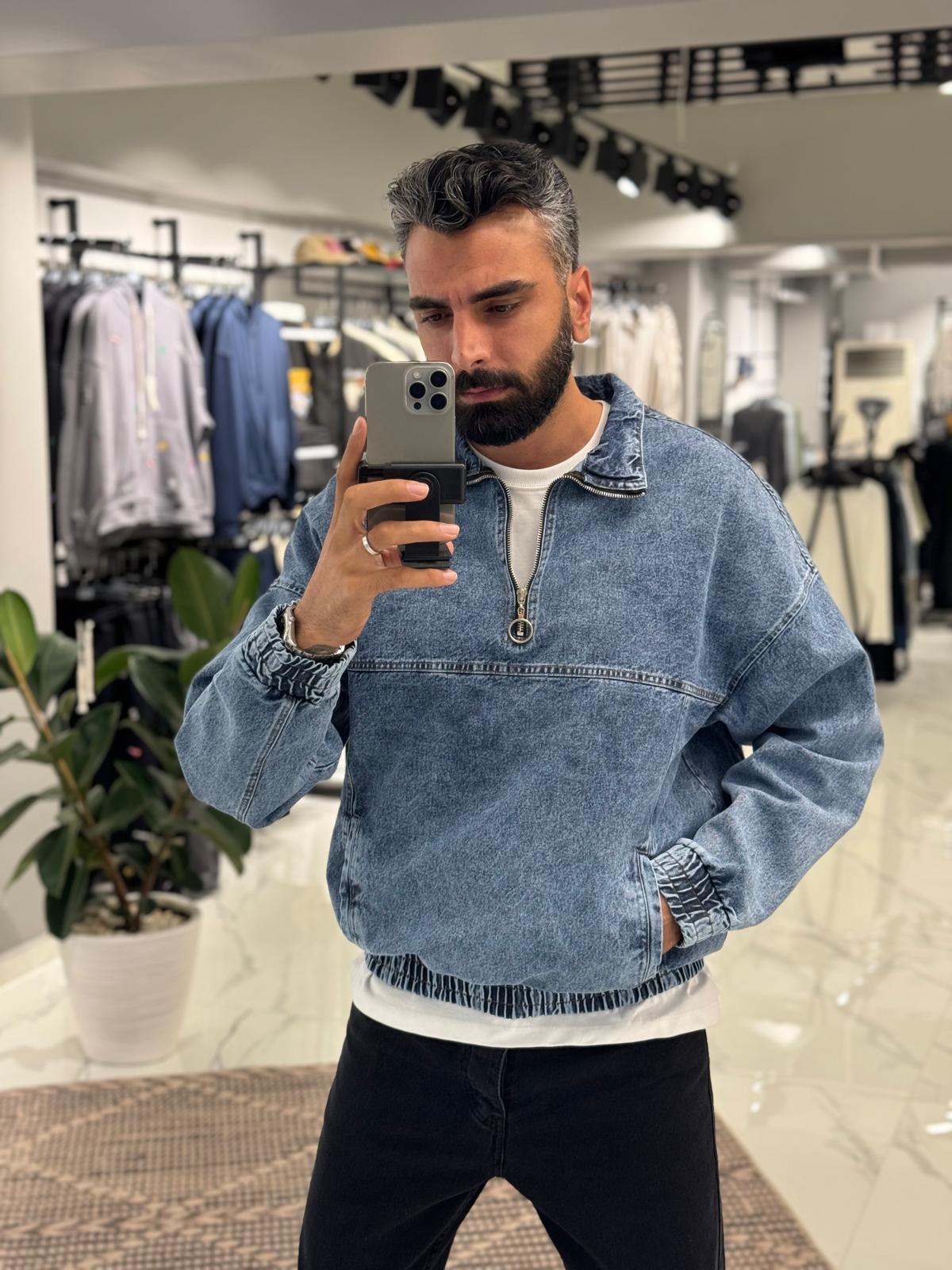 Yarım Fermuar Kot Sweat Mavi