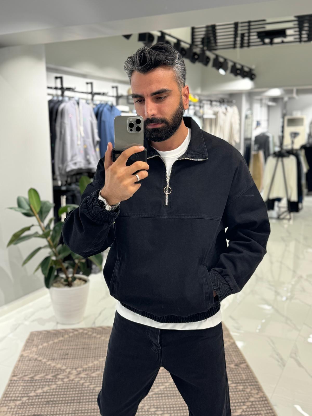Yarım Fermuar Kot Sweat Siyah