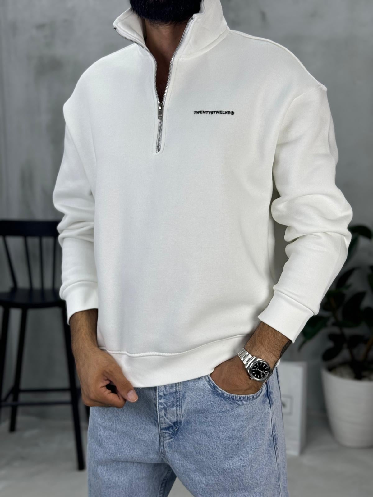 Yarım Fermuarlı Sweatshirt Beyaz