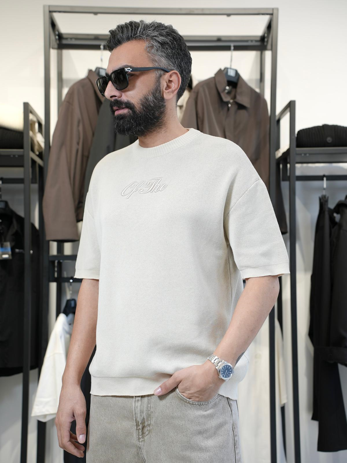Yazı Detaylı Triko Tshirt Krem