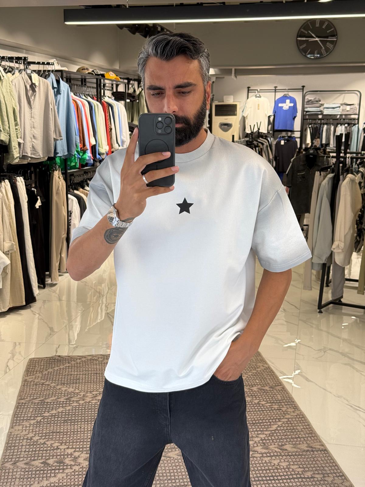 Yıldız Desen Oversize Tişört Gri