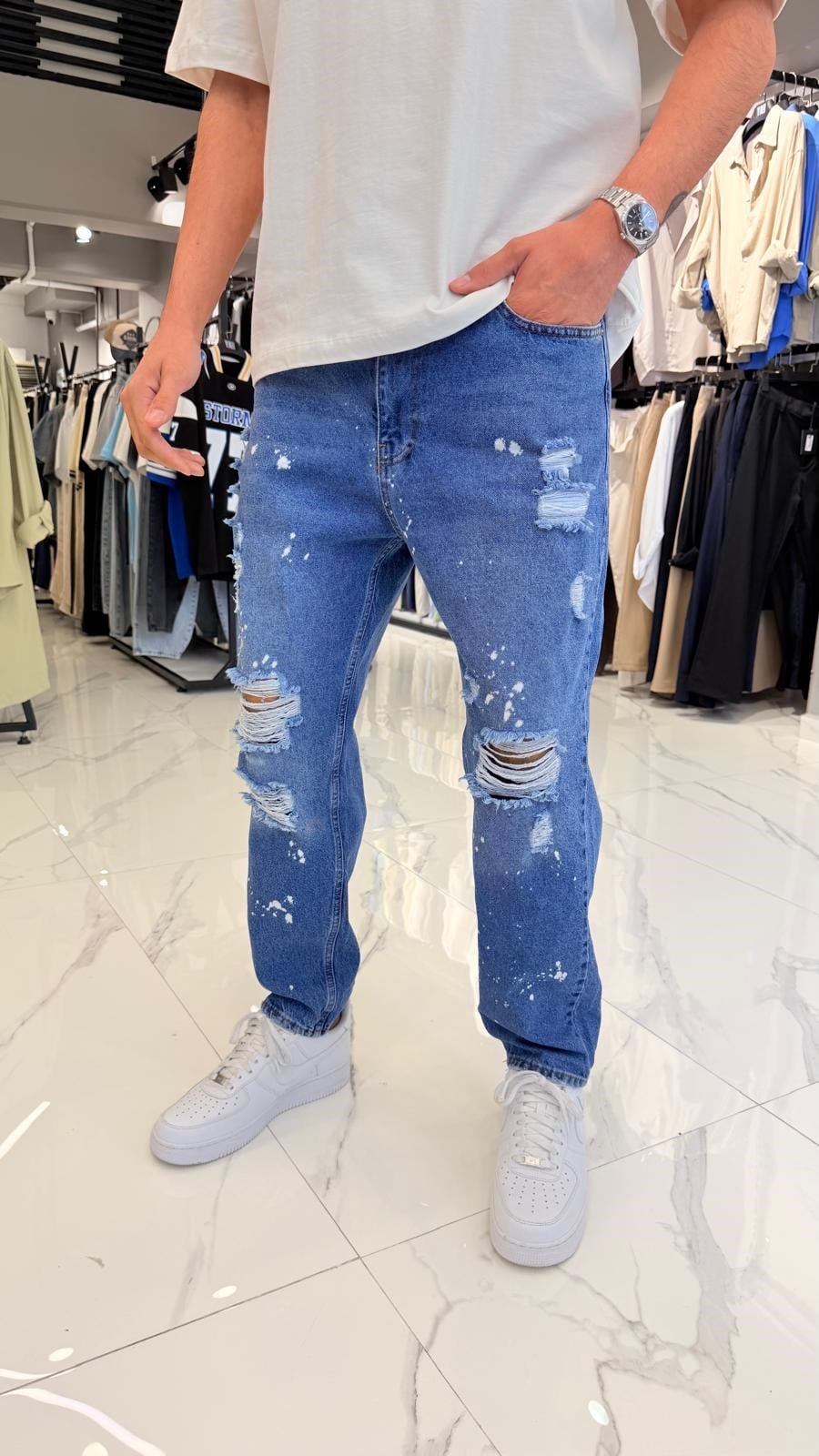 Yırtık Detaylı Jean Boyfriend Pantolon Mavi