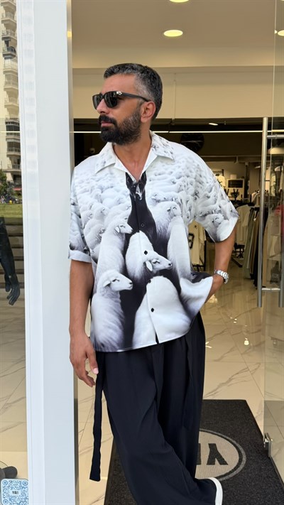 Doberman Desenli Premium Gömlek Beyaz