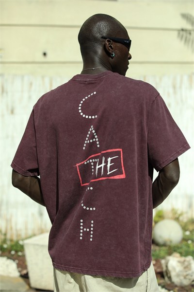 'The Catch' Yıkamalı Oversize T-Shirt Bordo