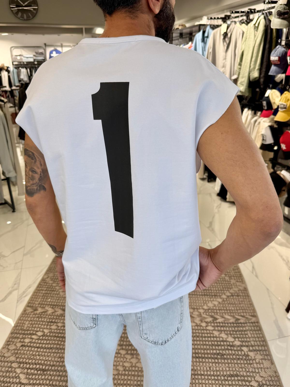 1 Baskılı Kolsuz Oversize Tişört Beyaz