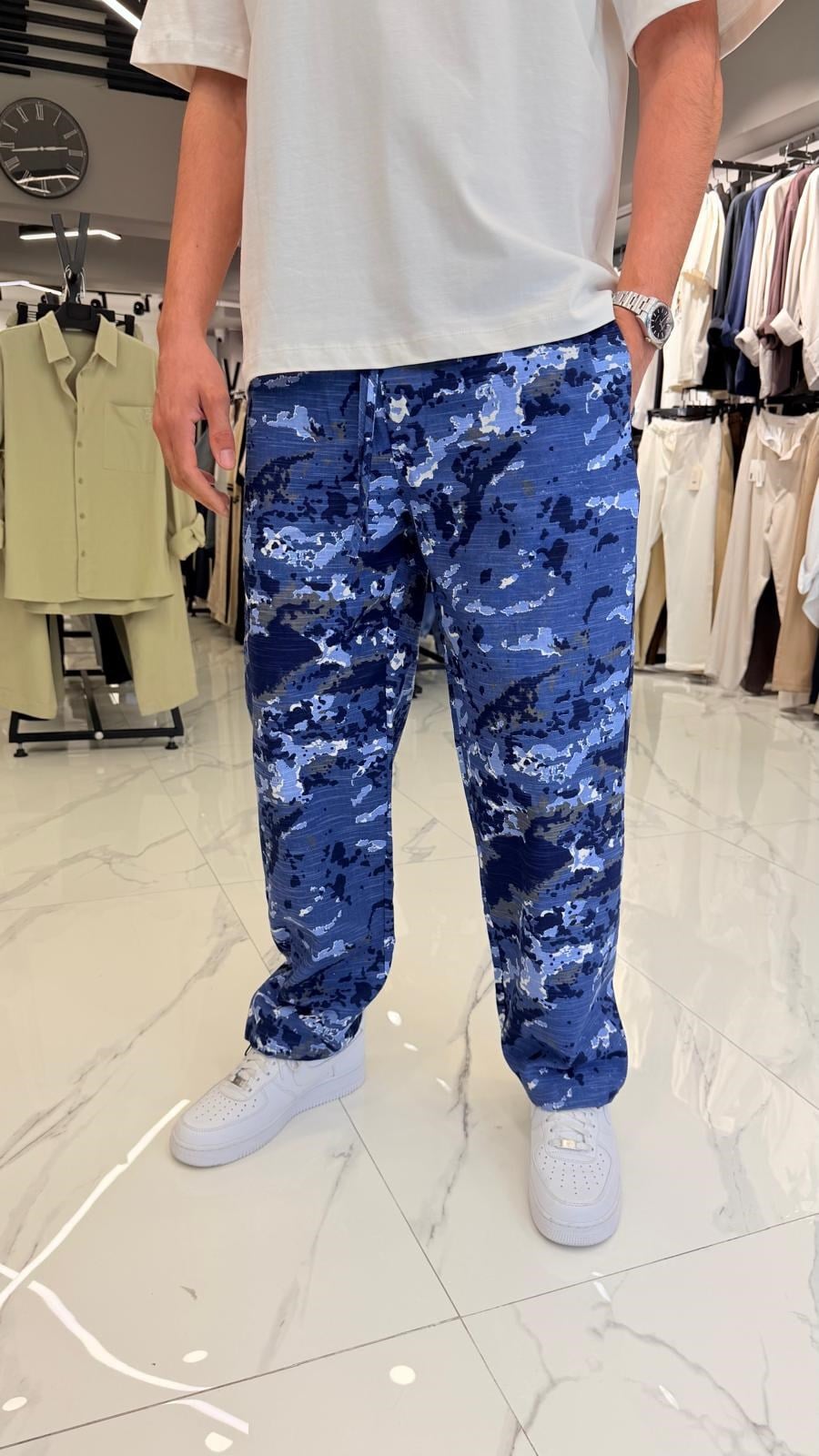 Ayarlanabilir Paça Kamuflaj Pantolon Mavi