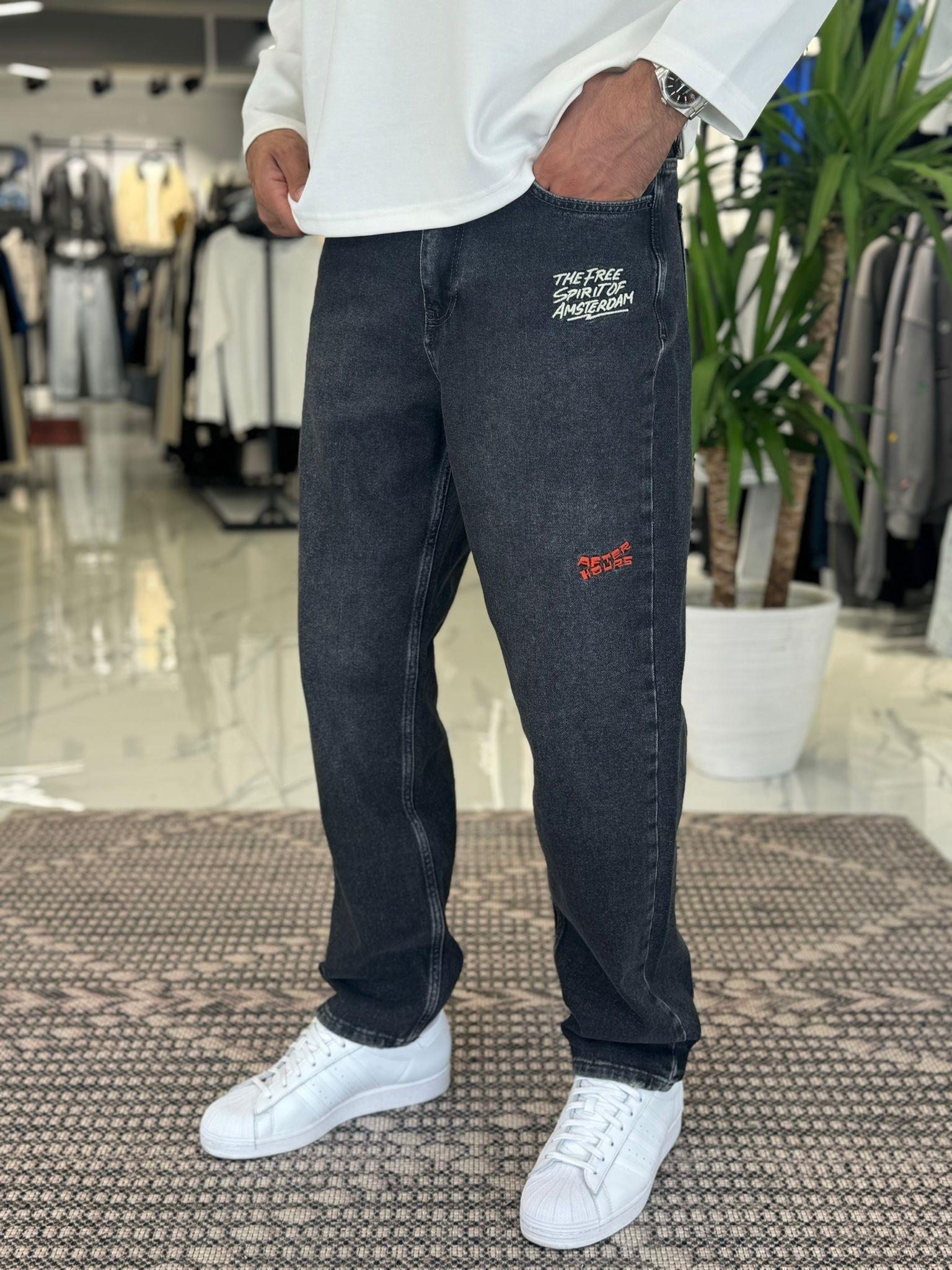 Baggy Kalıp Nakış Desenli Pantolon Siyah