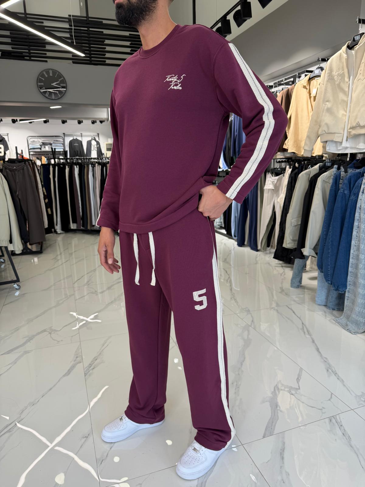 Baskılı Şerit Detaylı Takım Bordo