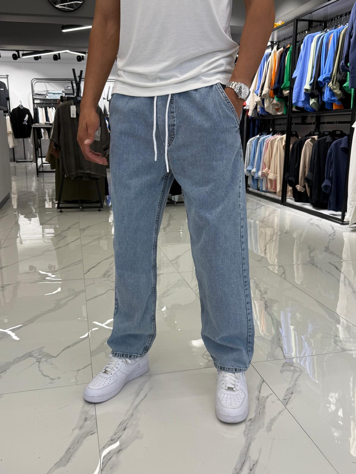 Beli Lastikli Baggy Kalıp Pantolon Buz Mavi
