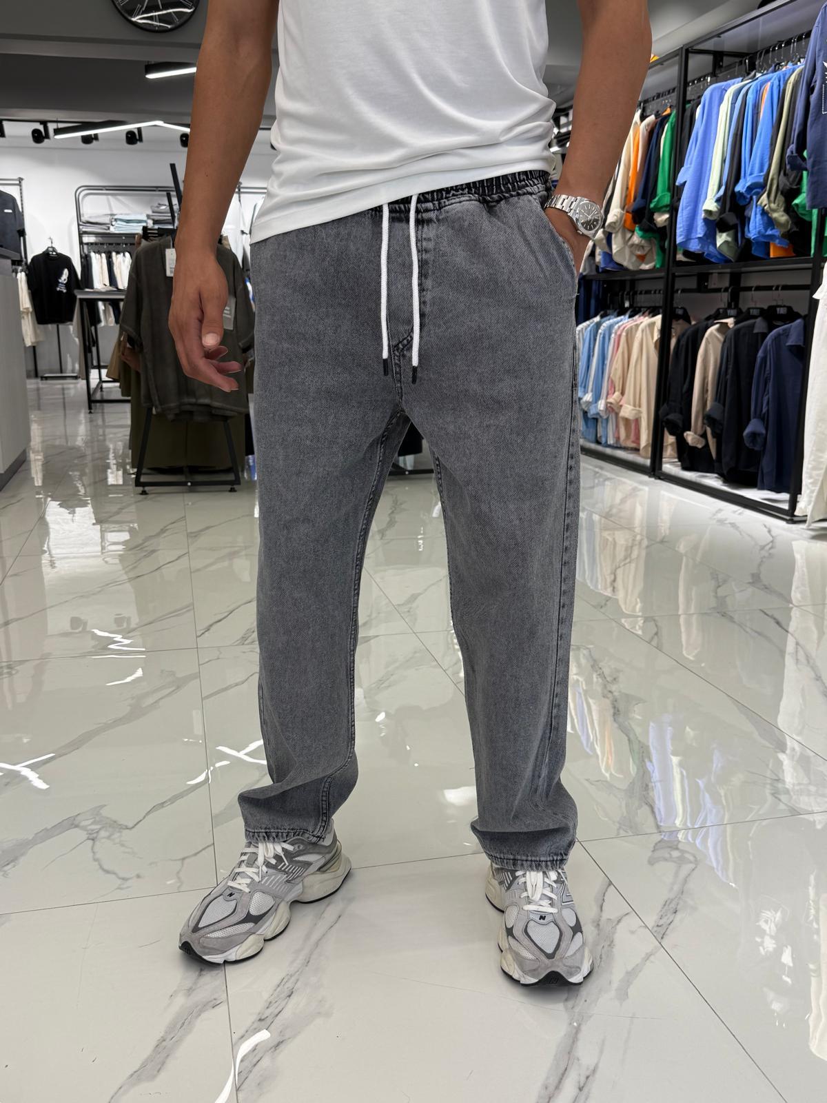 Beli Lastikli Baggy Kalıp Pantolon Gri