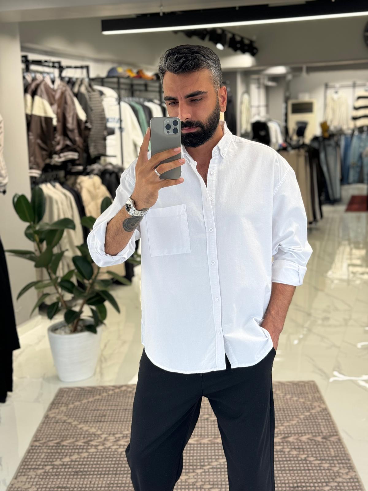 Cep Detay Basic Gömlek Beyaz