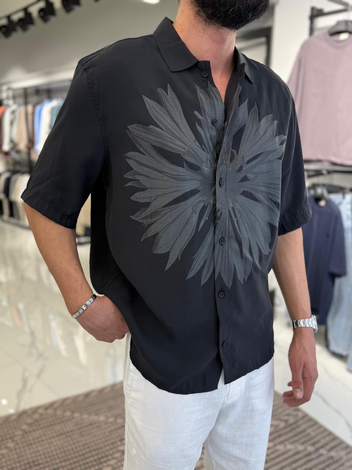 Çiçek Baskılı Oversize Kalıp Kısa Kol Gömlek Siyah