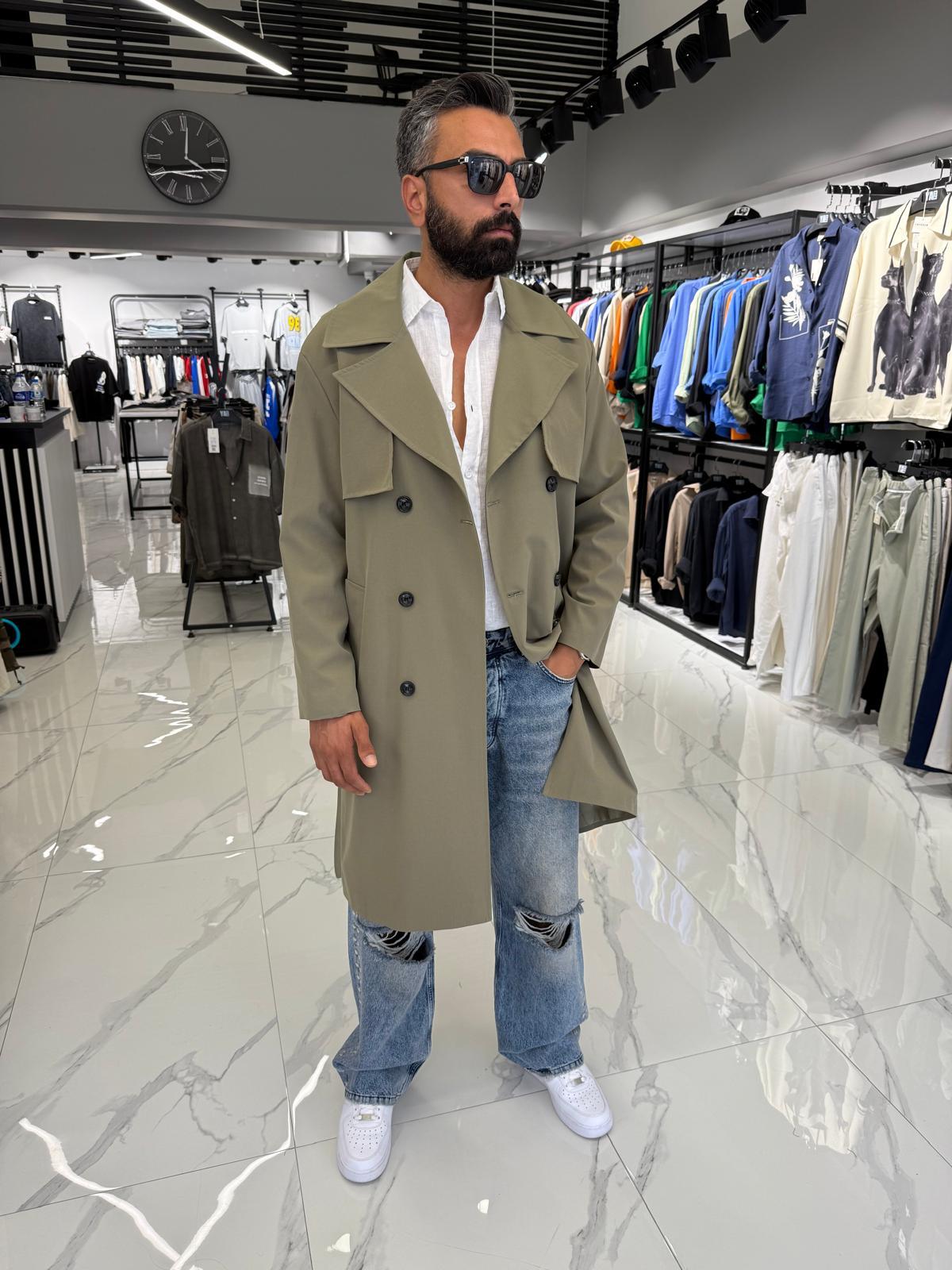 Çift Düğmeli Oversize Kalıp Trençkot Haki