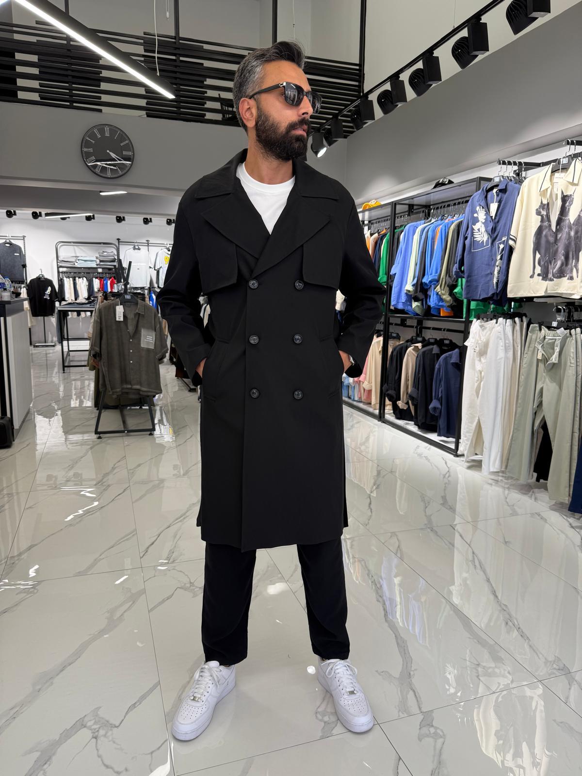 Çift Düğmeli Oversize Kalıp Trençkot Siyah