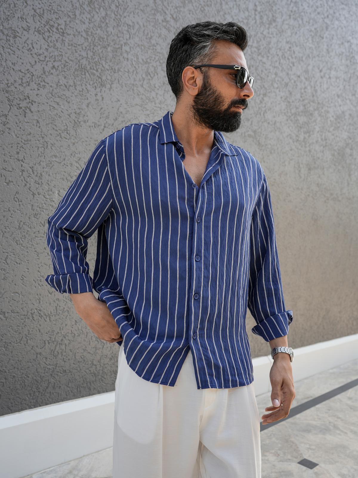 Çizgi Detaylı Oversize Kalıp Gömlek Lacivert
