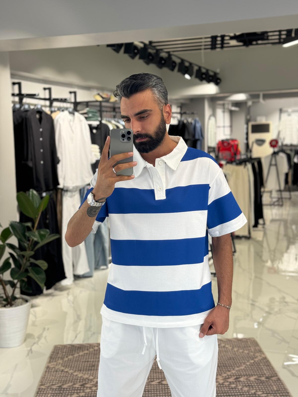 Çizgili Pola Yaka Tişört Mavi