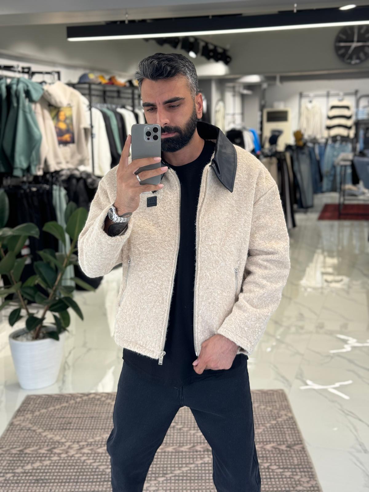 Deri Yaka Kaşe Ceket Krem